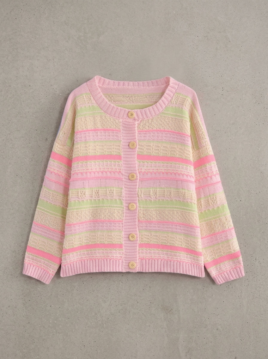 Loose Striped Cropped Knit Cardigan in Pink