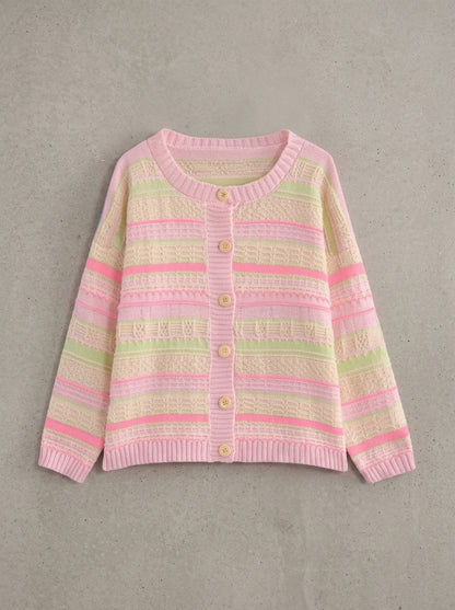 Loose Striped Cropped Knit Cardigan in Pink
