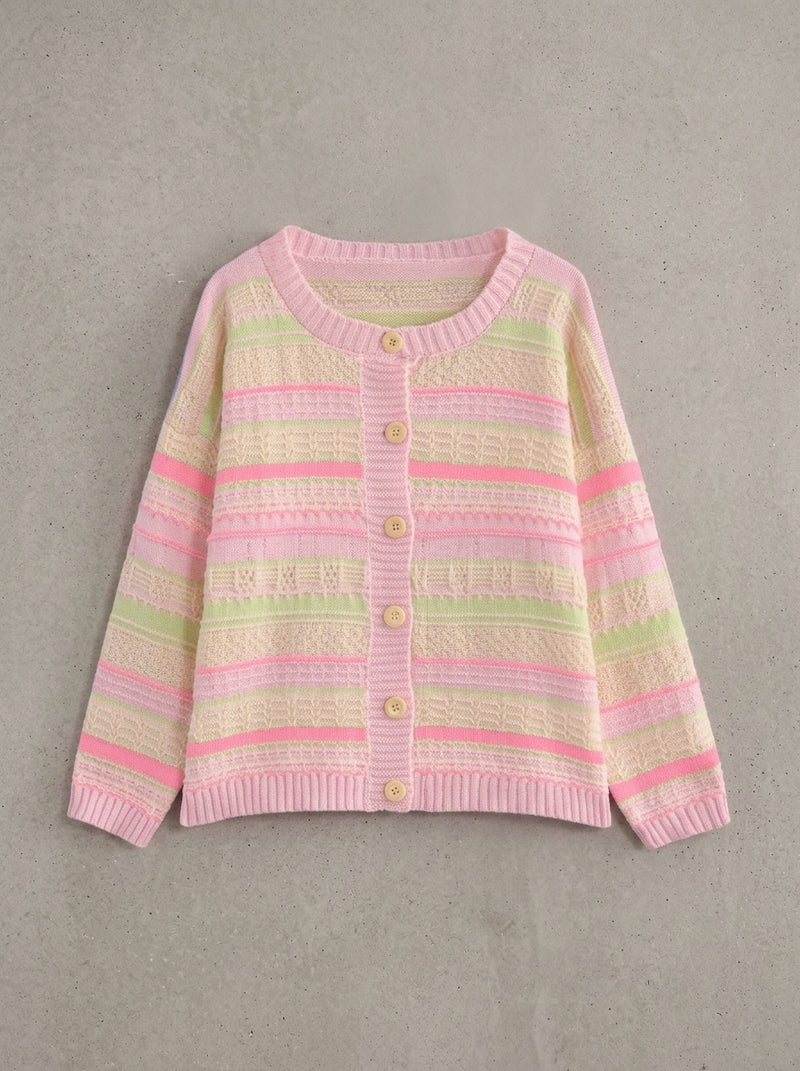 Loose Striped Cropped Knit Cardigan in Pink