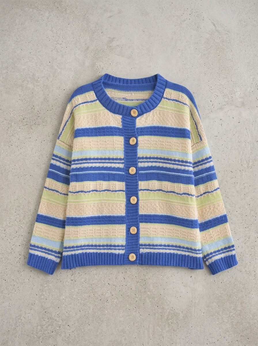 Loose Striped Cropped Knit Cardigan in Dark Blue