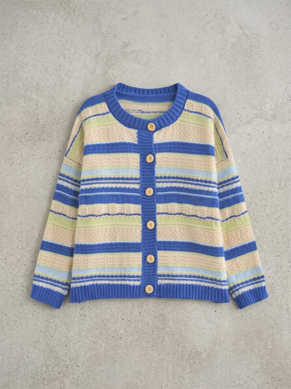 Loose Striped Cropped Knit Cardigan in Dark Blue