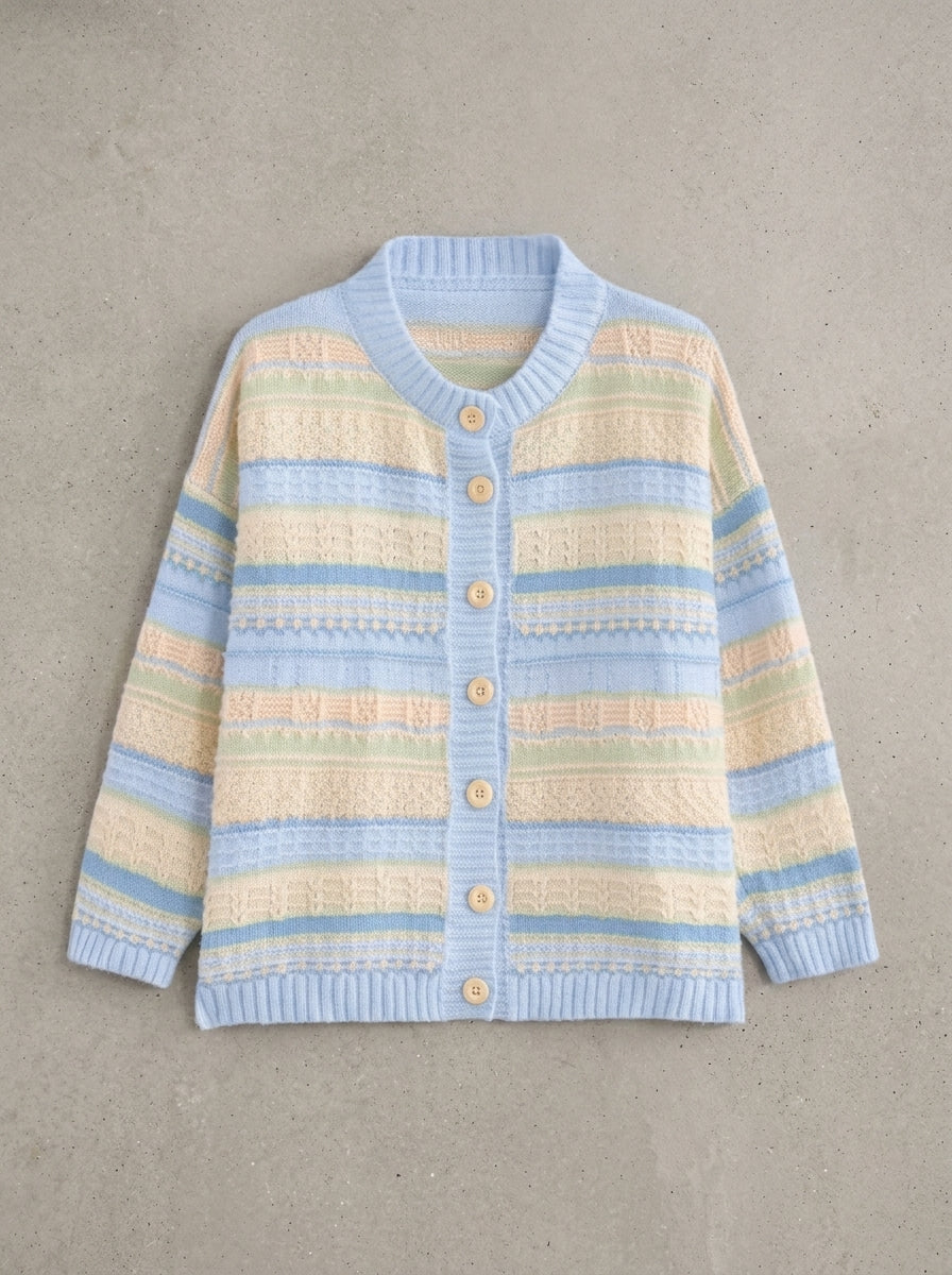 Loose Striped Cropped Knit Cardigan in Blue