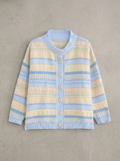 Loose Striped Cropped Knit Cardigan in Blue