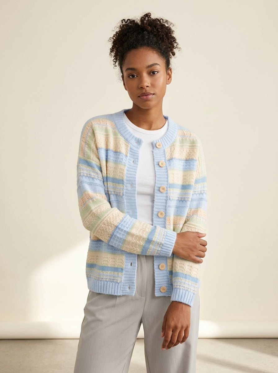 Loose Striped Cropped Knit Cardigan in Blue, worn