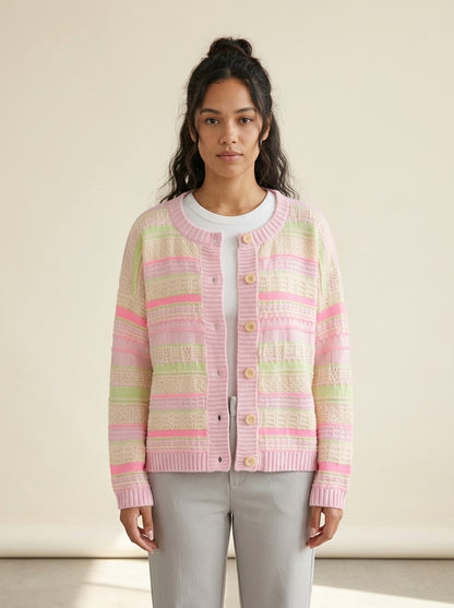 Loose Striped Cropped Knit Cardigan in Pink, worn
