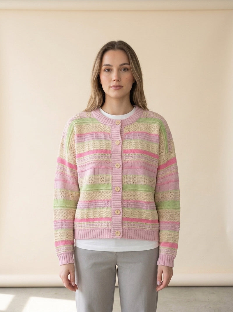 Loose Striped Cropped Knit Cardigan in Pink, worn