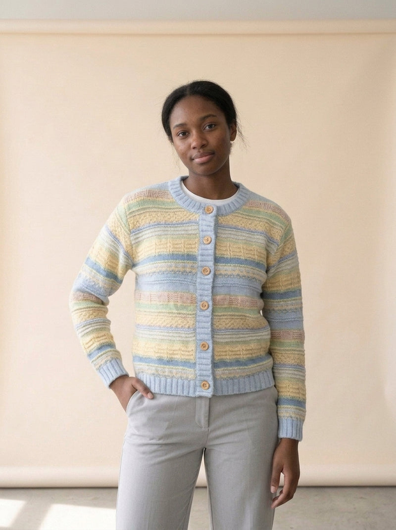 Loose Striped Cropped Knit Cardigan in Dark Blue, worn