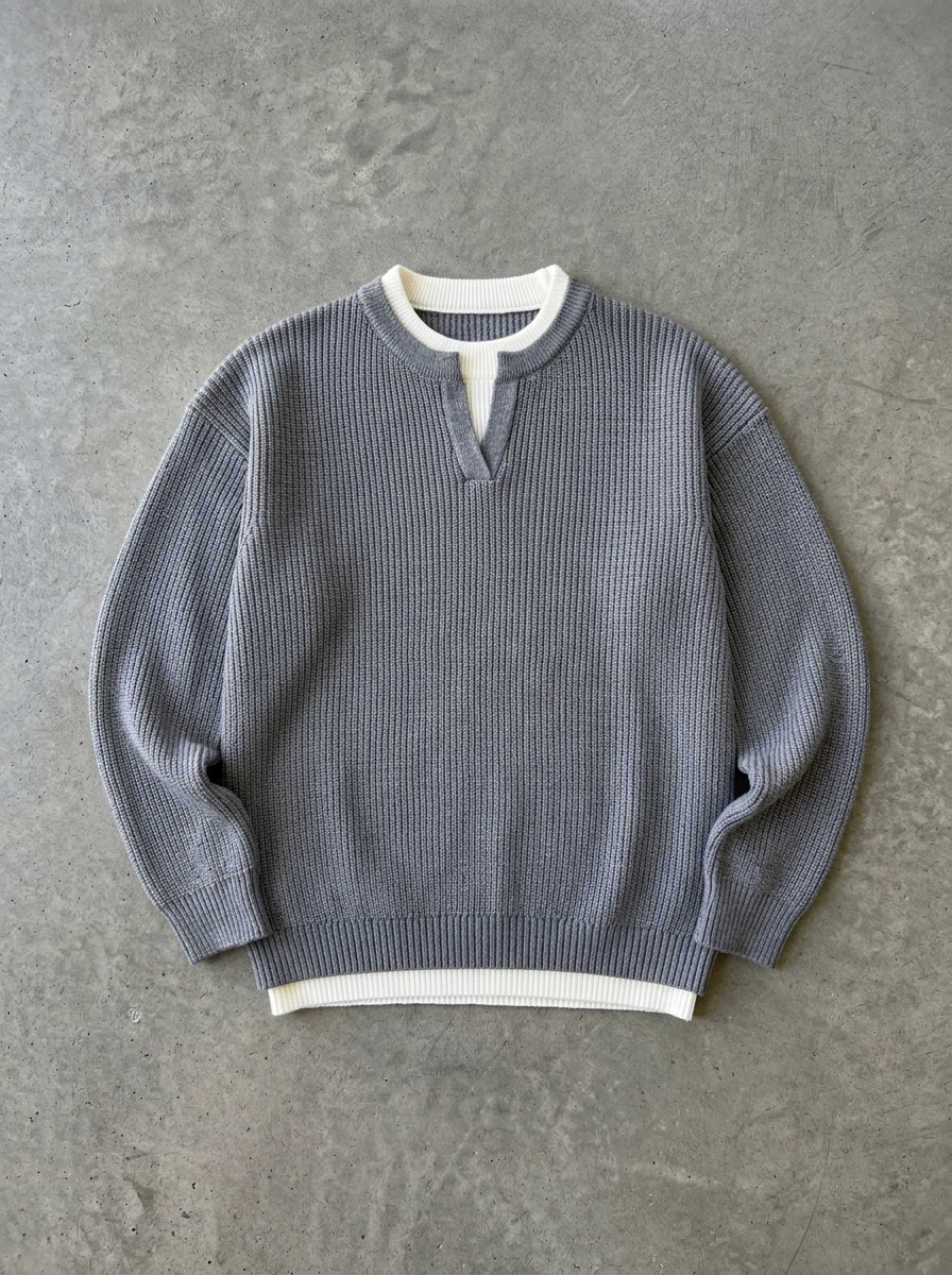 Notch Neck Layered Look Knit Sweater in Gray Sweater for Men