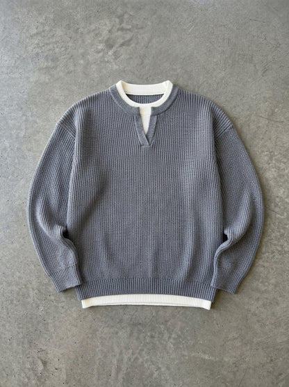 Notch Neck Layered Look Knit Sweater in Gray Sweater for Men