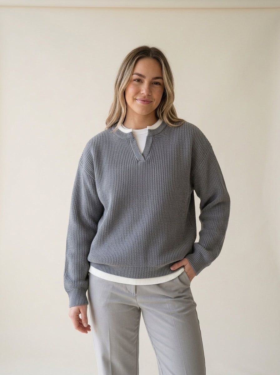 Notch Neck Layered Look Knit Sweater in Gray Sweater for Men, worn