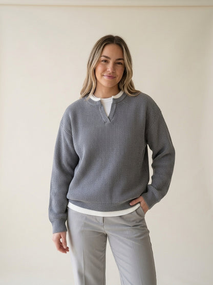 Notch Neck Layered Look Knit Sweater in Gray Sweater for Men, worn