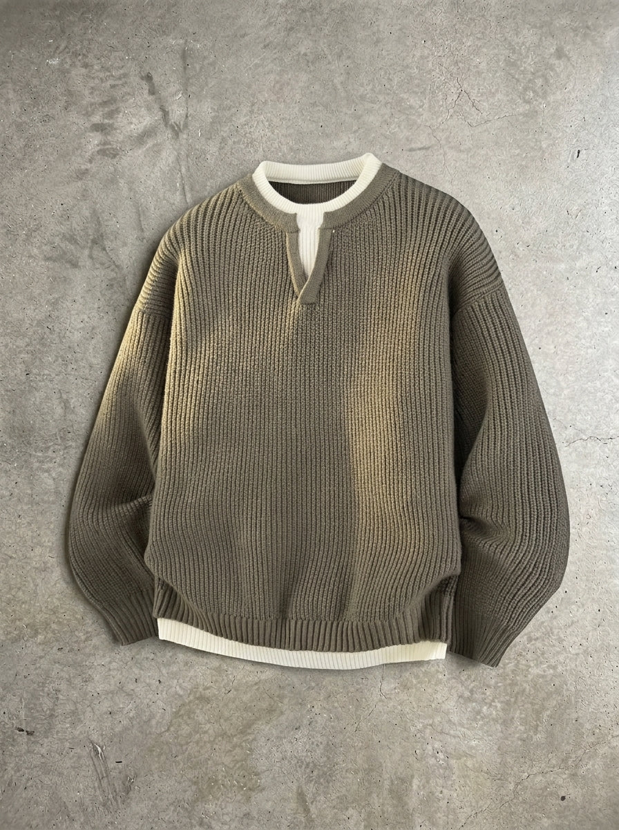 Notch Neck Layered Look Knit Sweater in Khaki Kintwear Tops