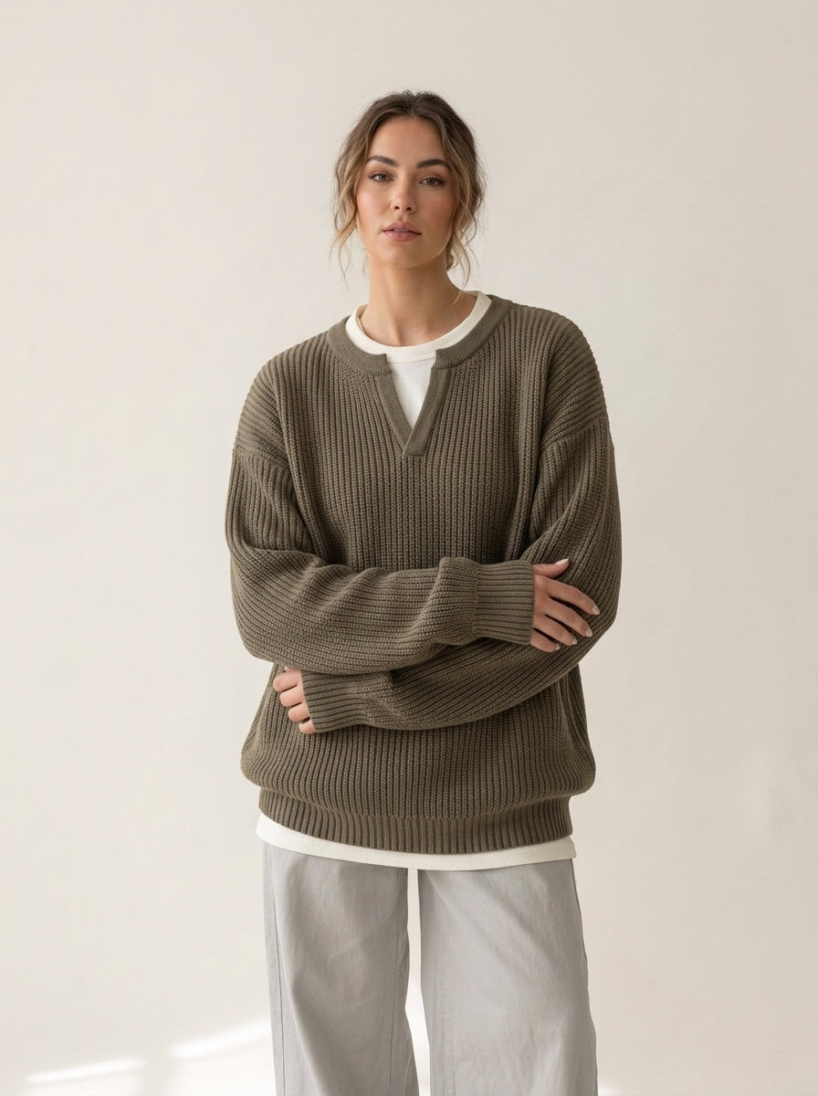 Notch Neck Layered Look Knit Sweater in Khaki Kintwear Tops, worn