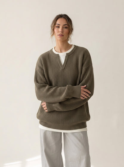 Notch Neck Layered Look Knit Sweater in Khaki Kintwear Tops, worn