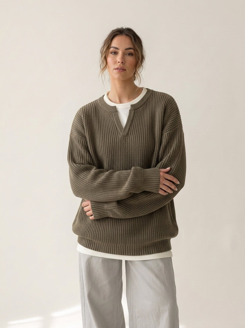 Notch Neck Layered Look Knit Sweater in Khaki Kintwear Tops, worn