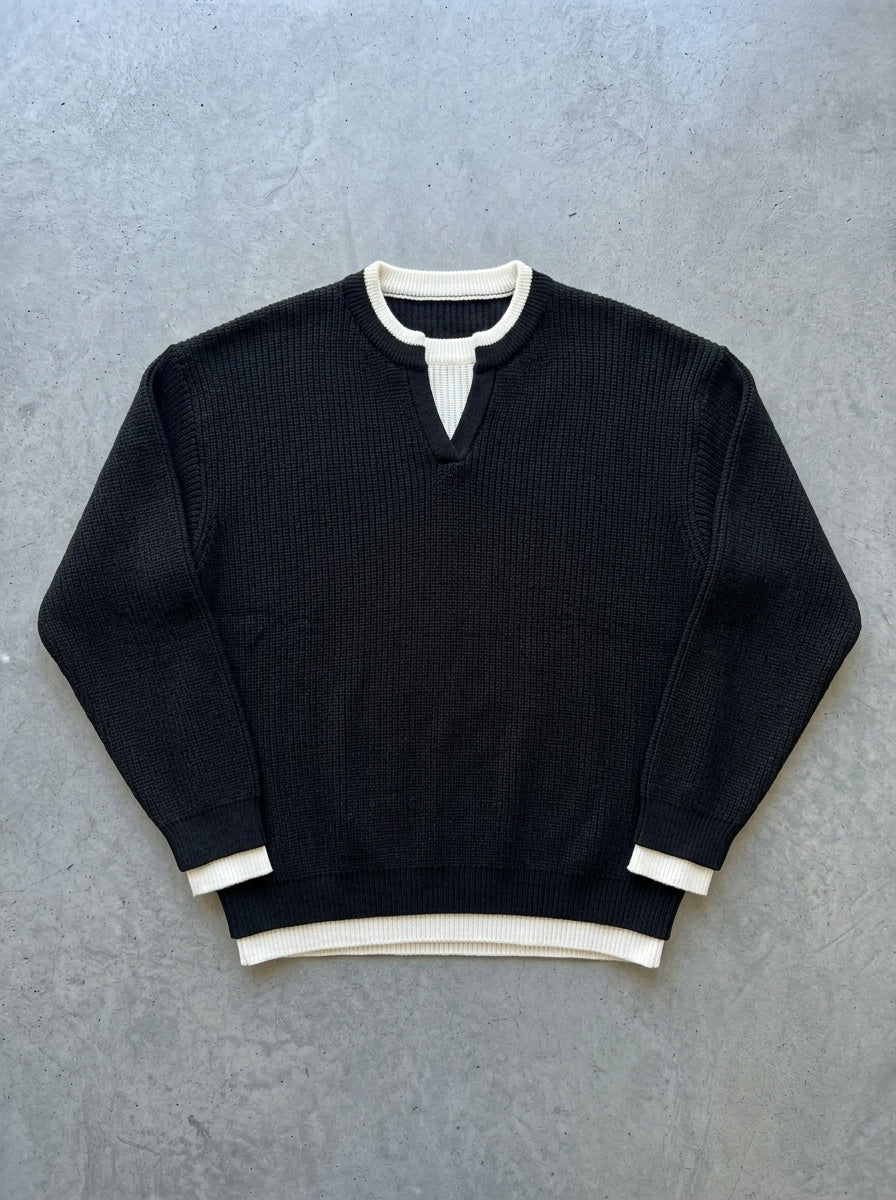 Notch Neck Layered Look Knit Sweater in Black Pullovers Mens