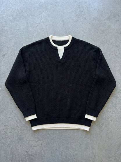 Notch Neck Layered Look Knit Sweater in Black Pullovers Mens