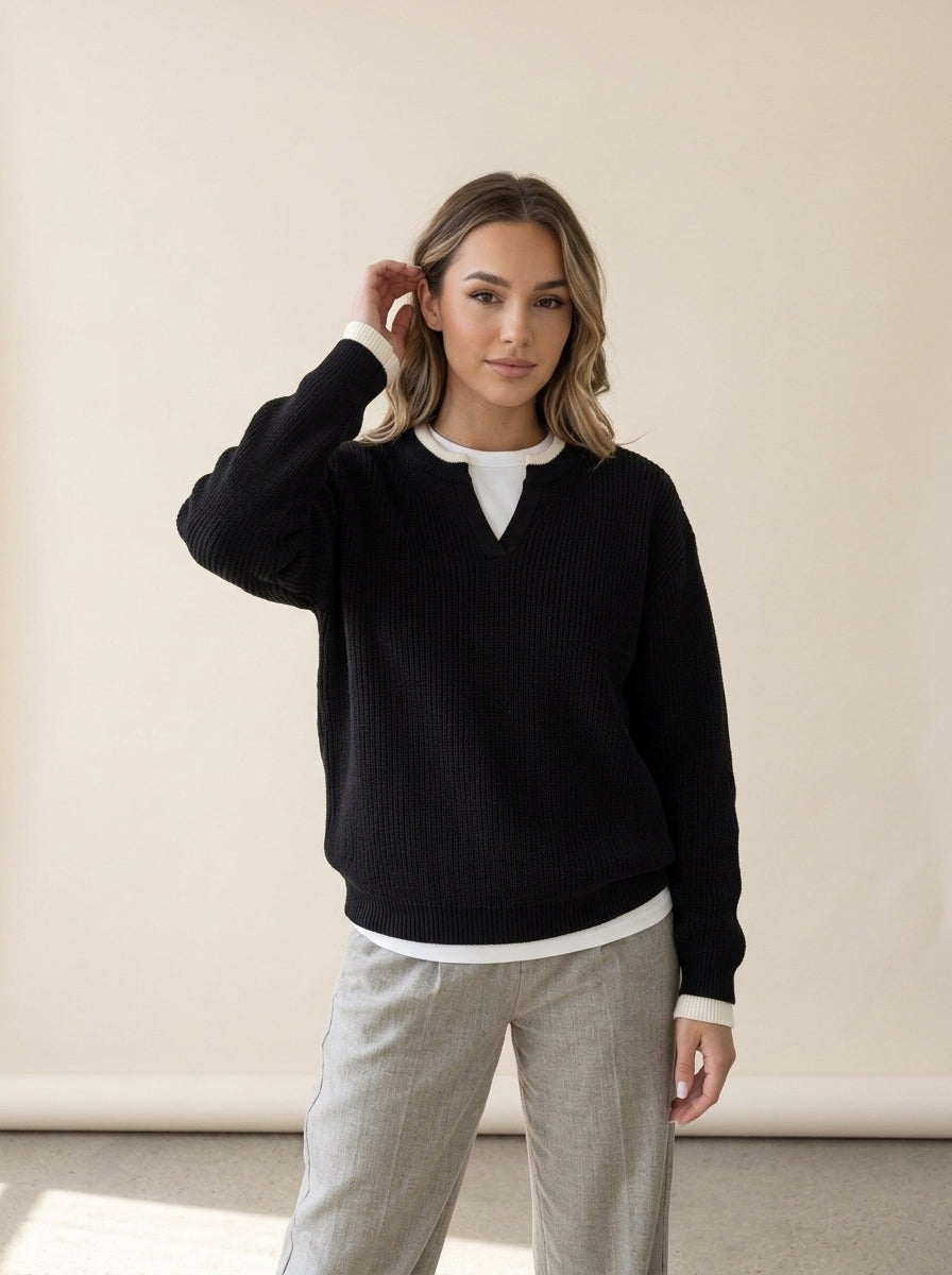 Notch Neck Layered Look Knit Sweater in Black Pullovers Mens, worn