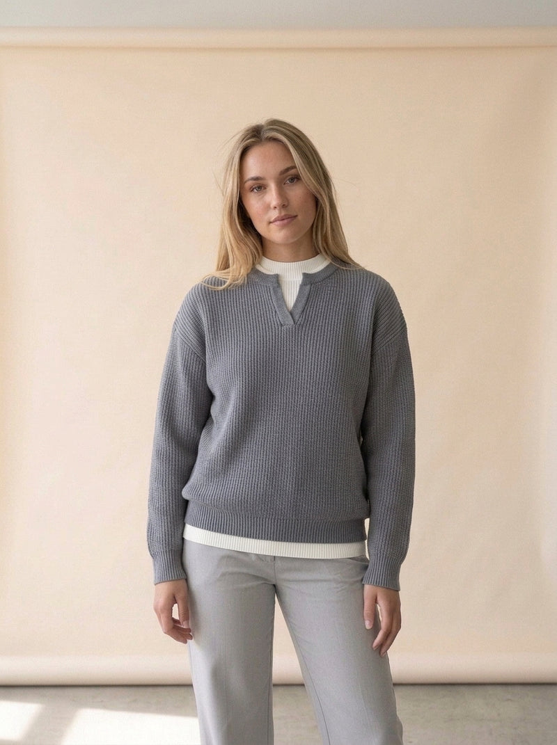 Notch Neck Layered Look Knit Sweater in Navy Sweater For Men, worn