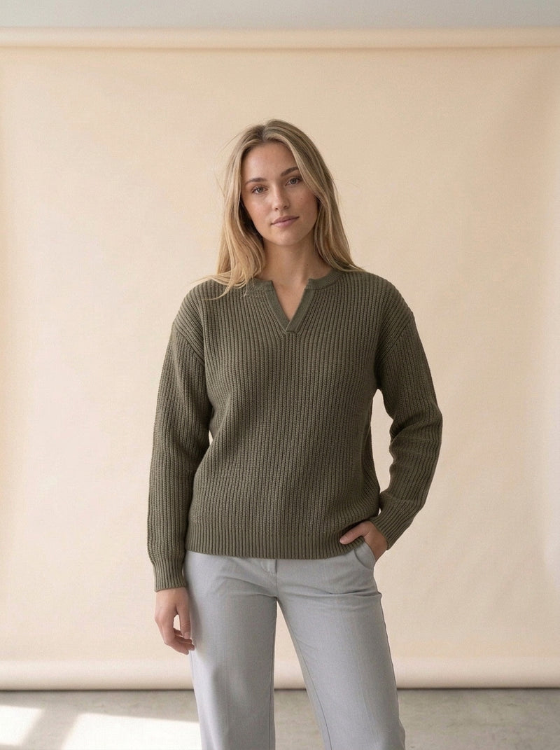 Notch Neck Layered Look Knit Sweater in Khaki Kintwear Tops, worn