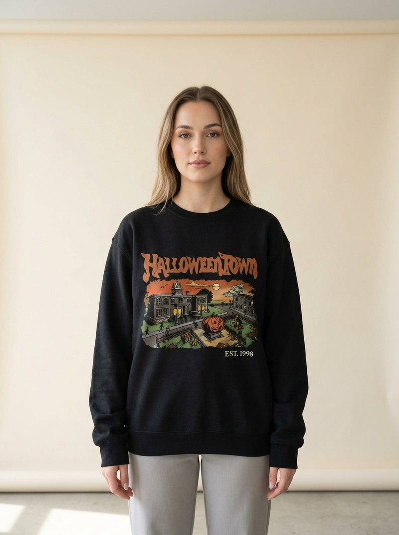 Halloweentown 1988 Graphic Pullover in Black, worn