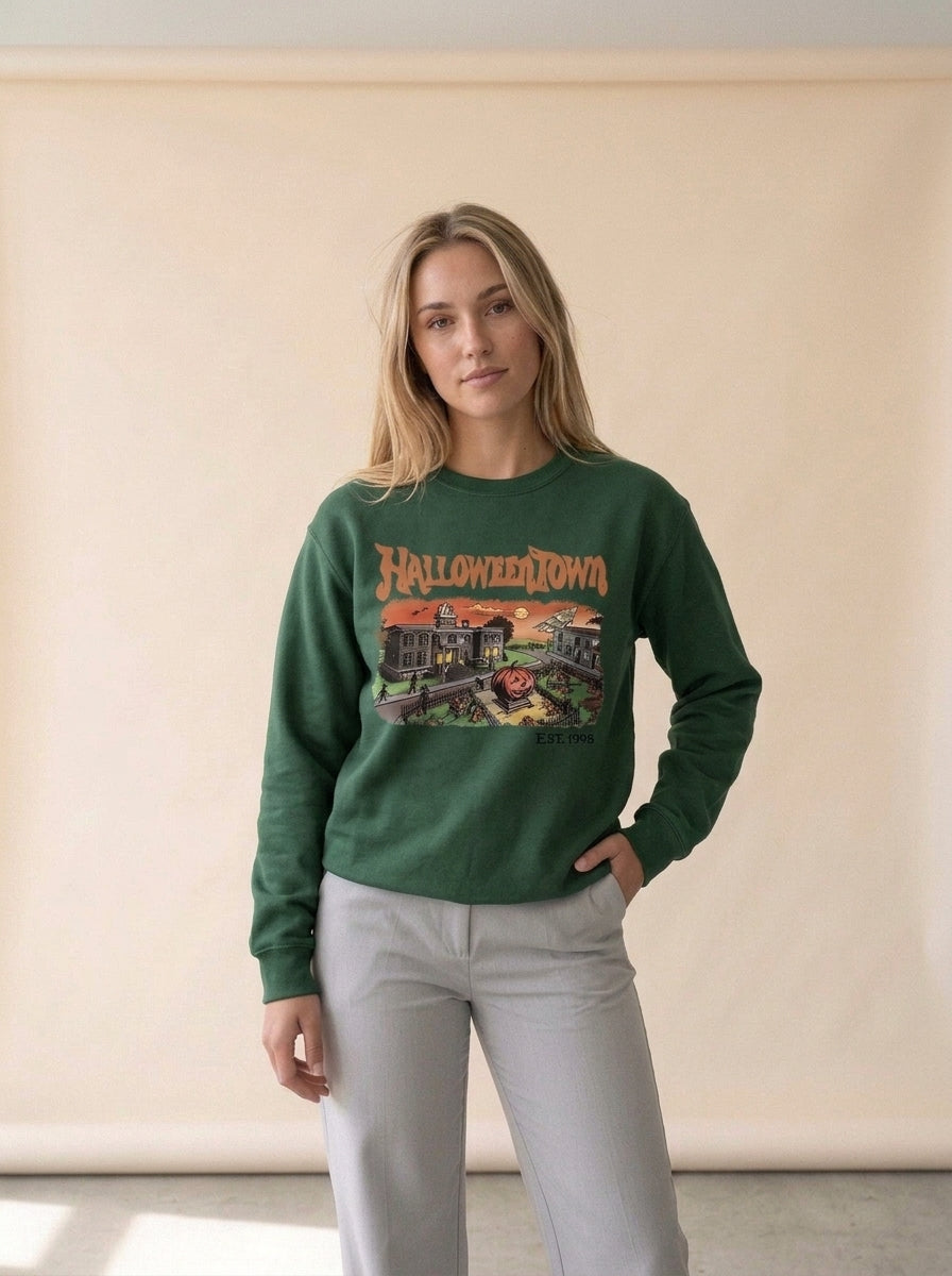 Halloweentown 1998 Graphic Pullover in Dark Green, worn