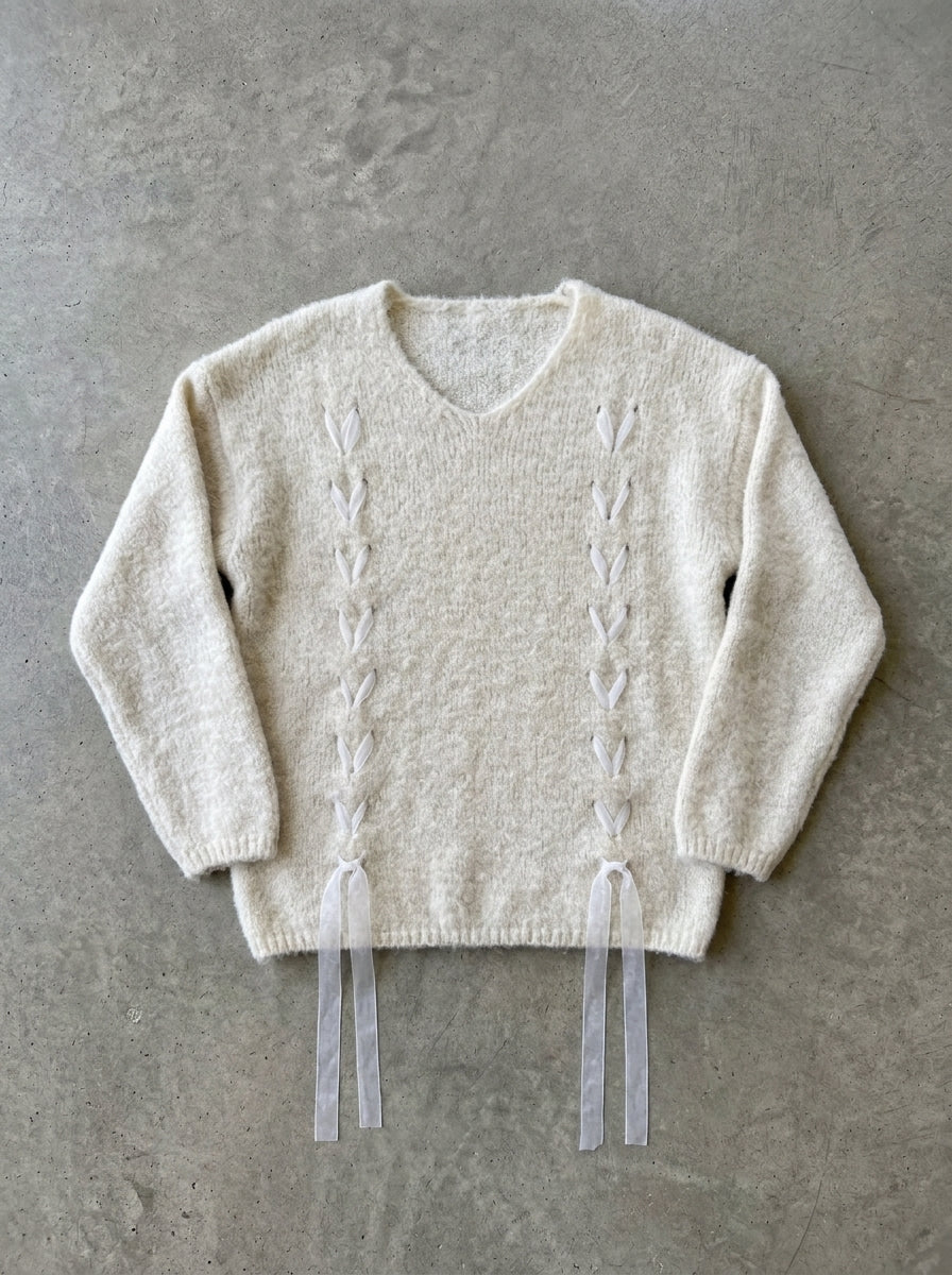 Ribbon Weave V-Neck Slouchy Sweater in white