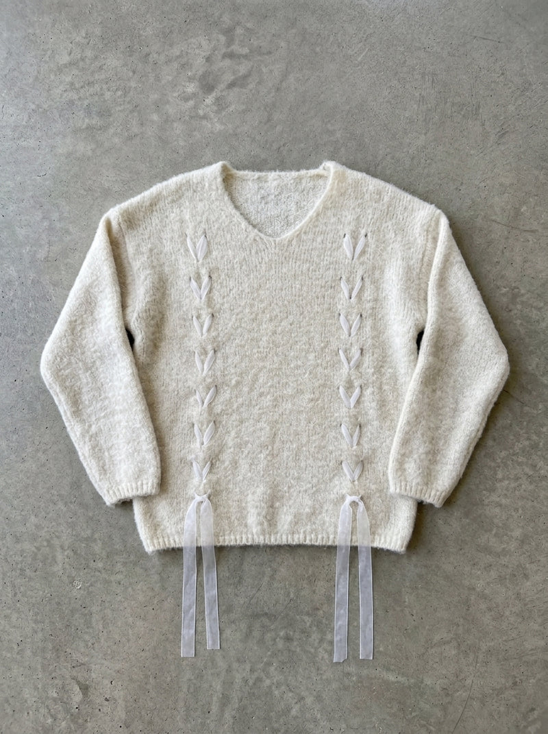 Ribbon Weave V-Neck Slouchy Sweater in white