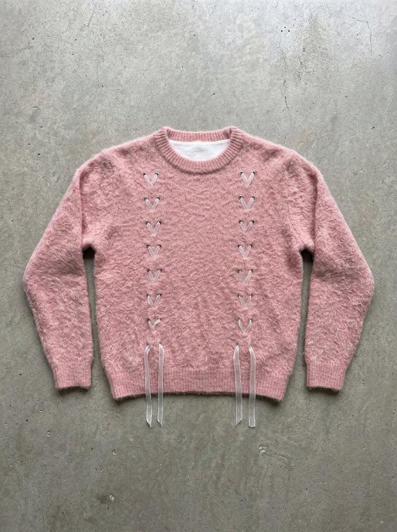 Ribbon Weave V-Neck Slouchy Sweater in Pink