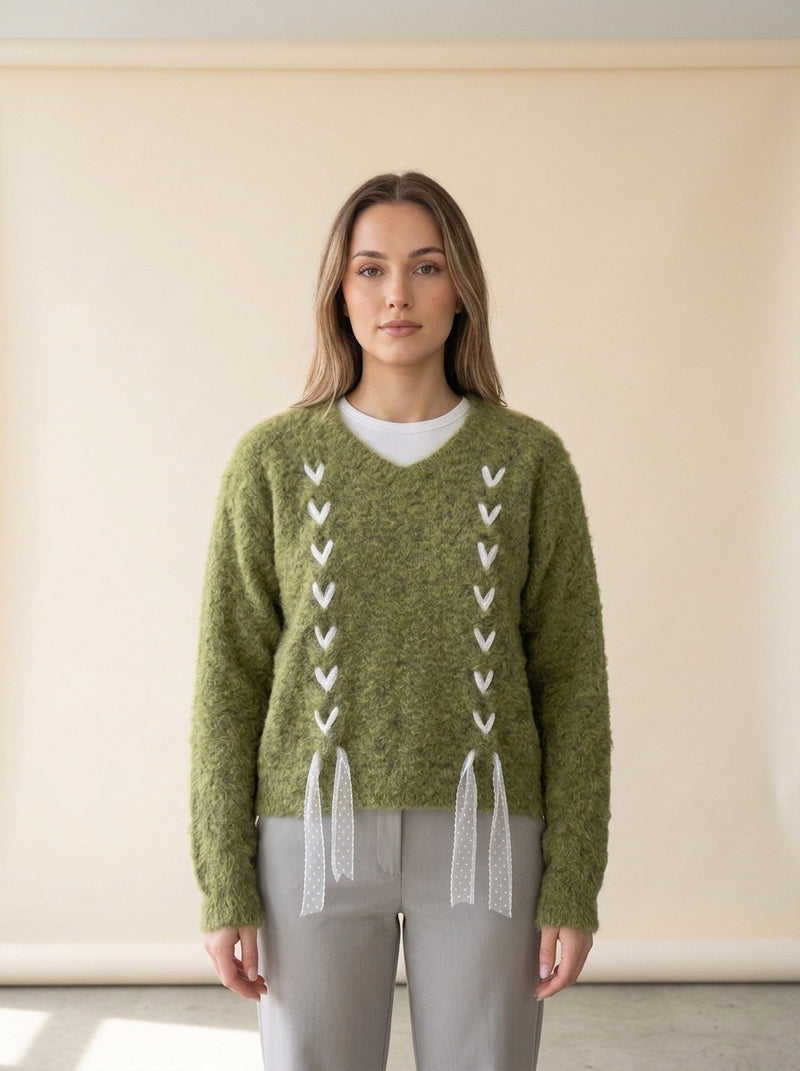 Ribbon Weave V-Neck Slouchy Sweater in Green, worn