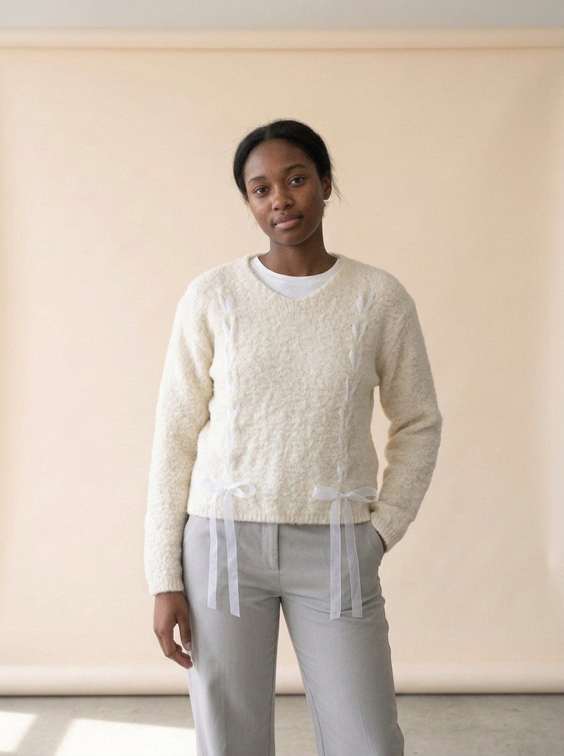 Ribbon Weave V-Neck Slouchy Sweater in White, worn