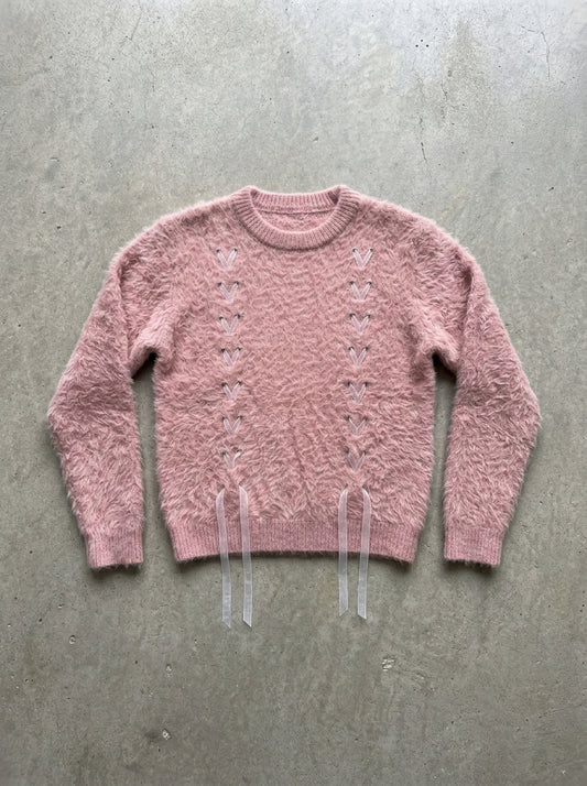 Ribbon Weave V-Neck Slouchy Sweater in Pink