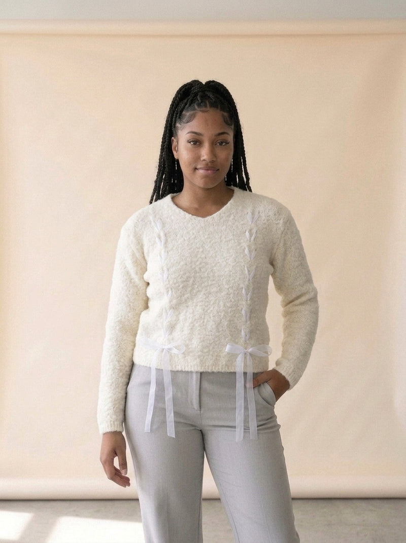 Ribbon Weave V-Neck Slouchy Sweater in White, worn