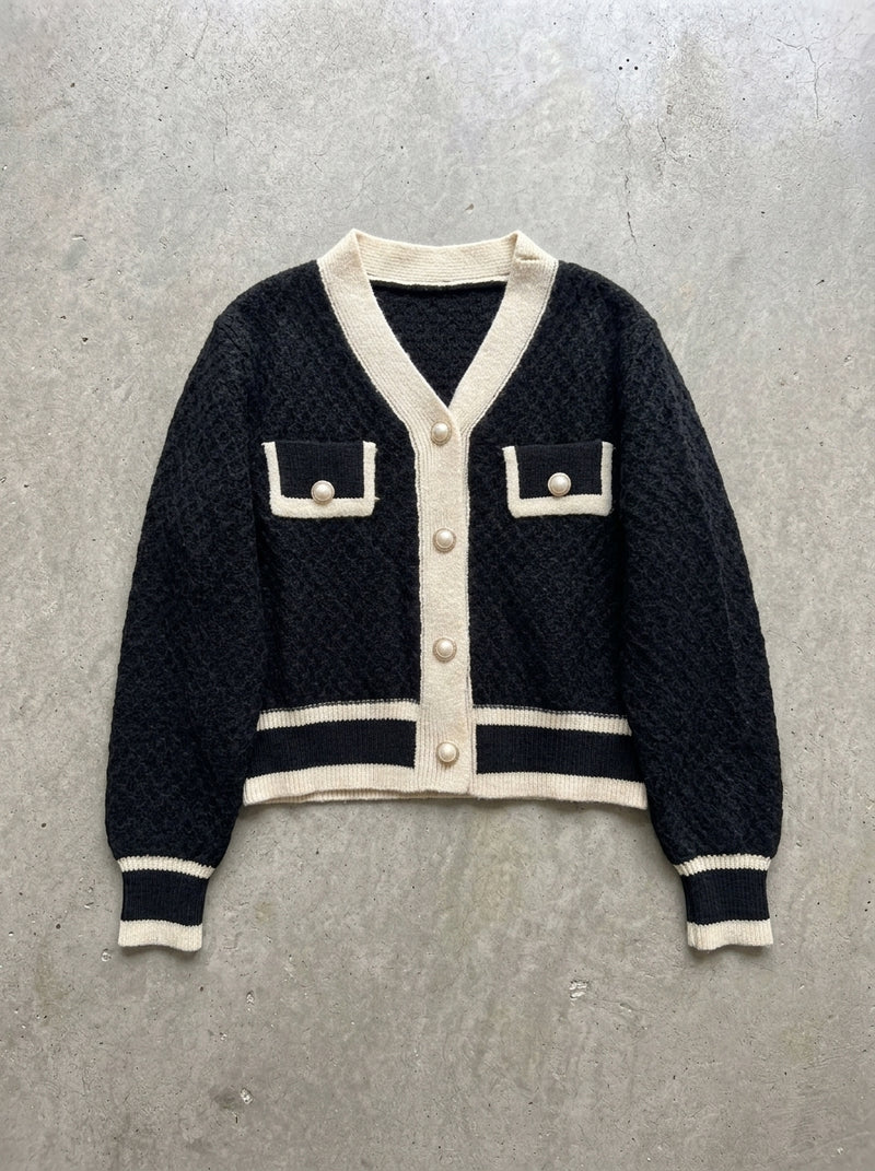 Pearl Button Contrast Trim Cardigan in black