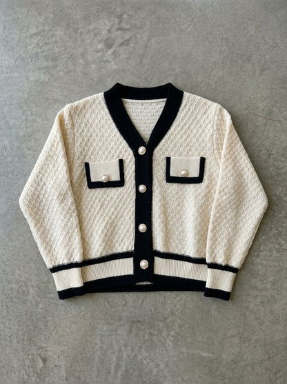 Pearl Button Contrast Trim Cardigan in apricot