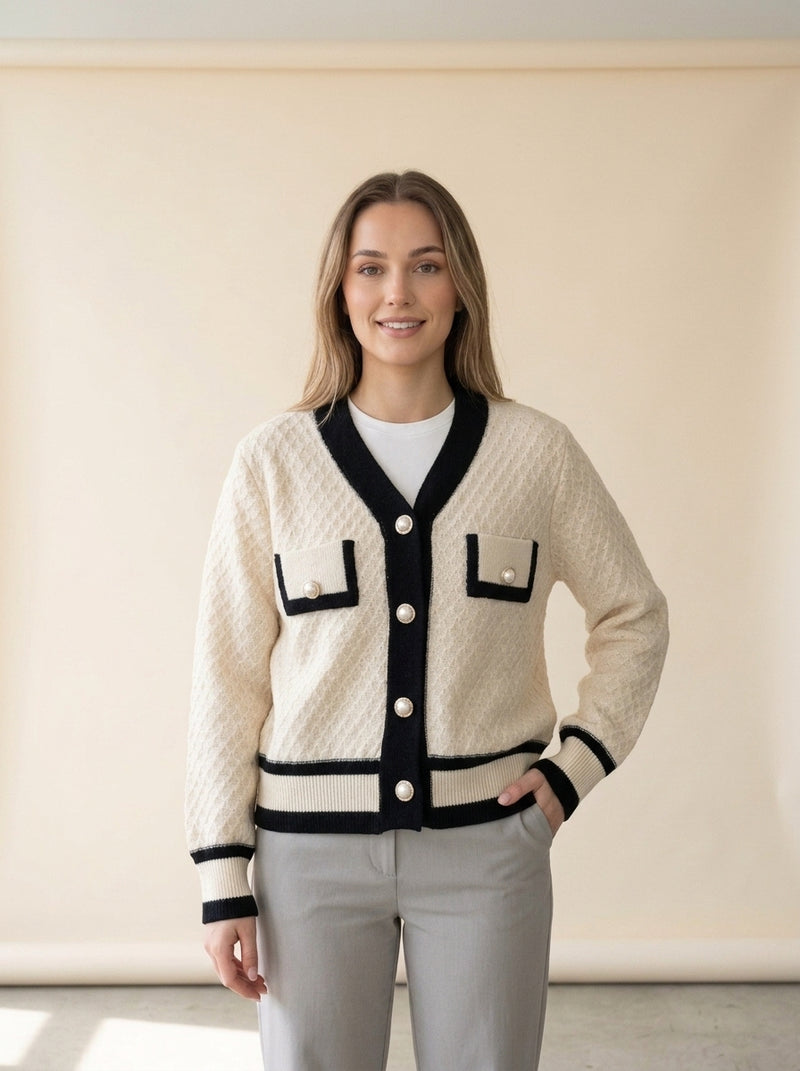 Pearl Button Contrast Trim Cardigan in apricot, worn