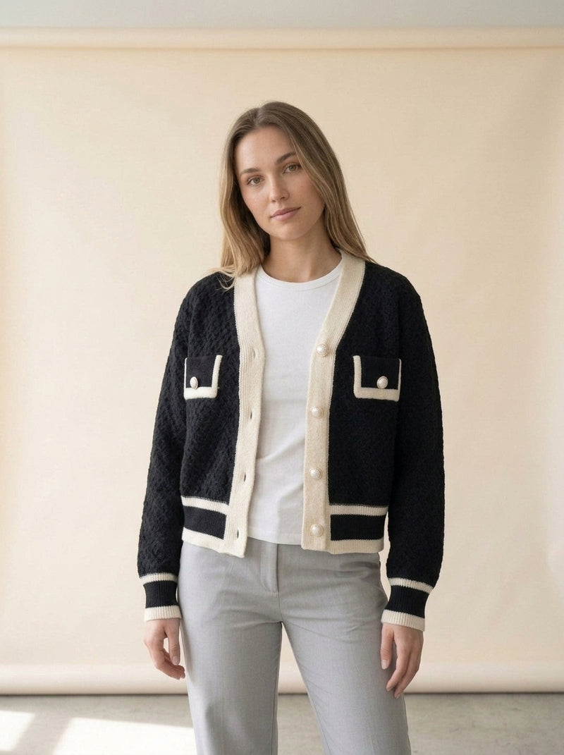 Pearl Button Contrast Trim Cardigan in Black, worn