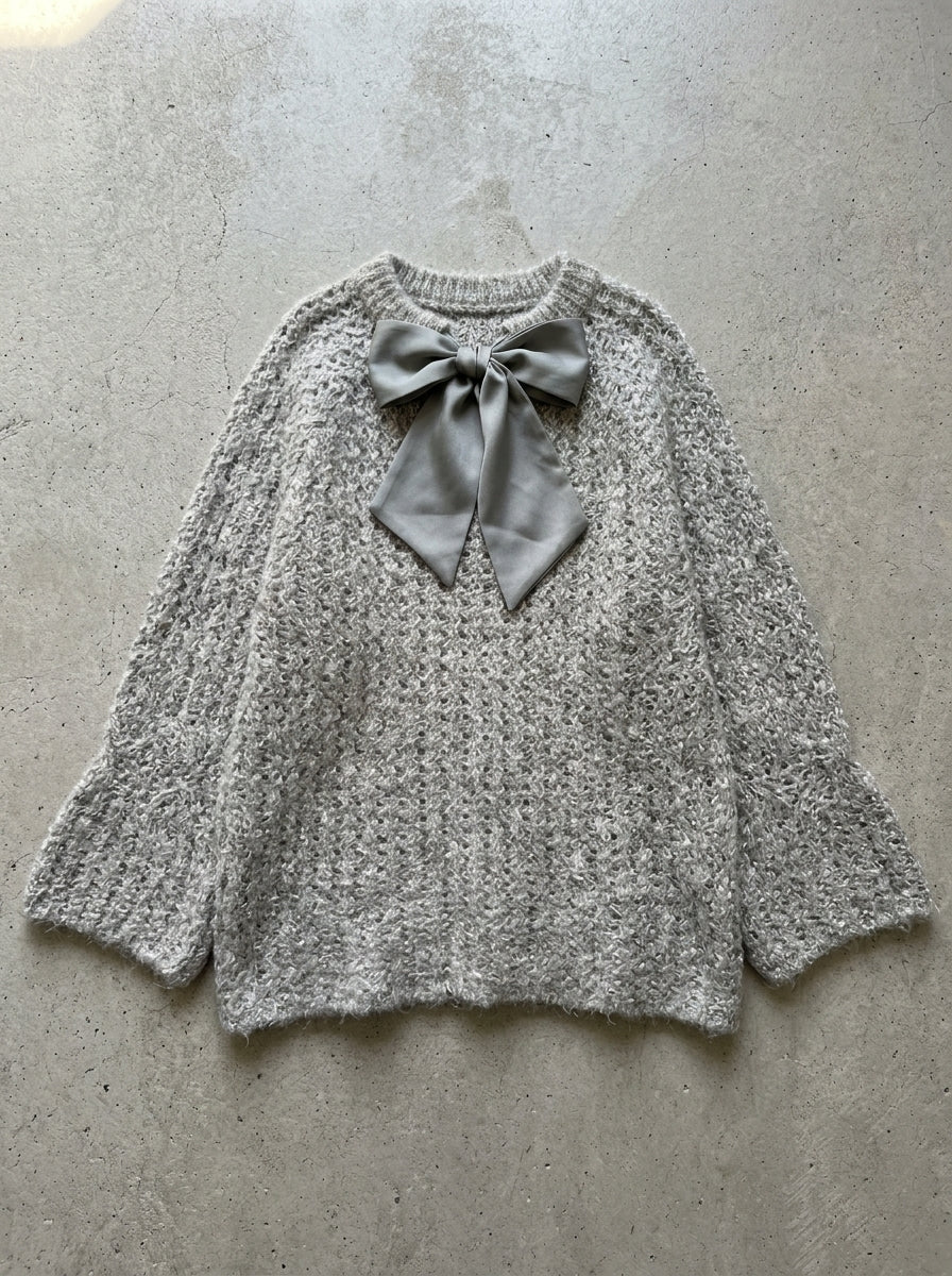 Sweet Bow Open Knit Sweater in GRAY