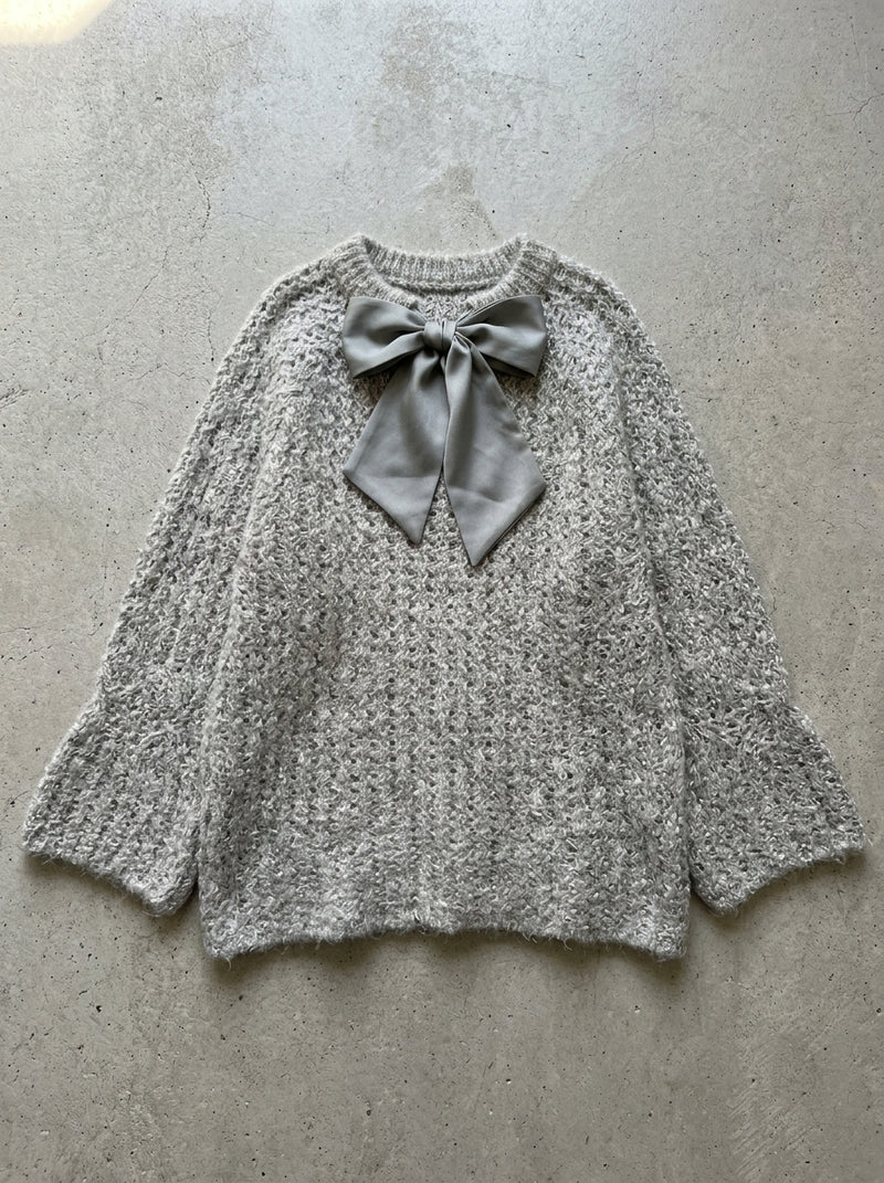 Sweet Bow Open Knit Sweater in GRAY