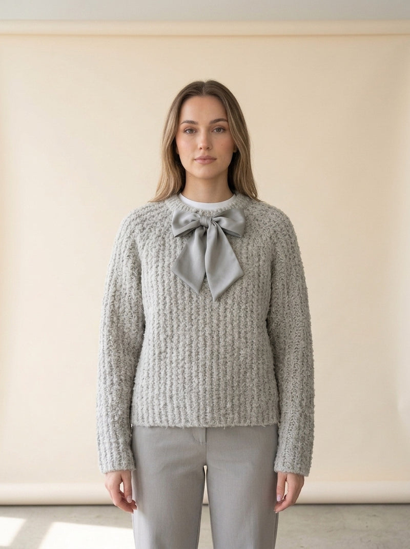 Sweet Bow Open Knit Sweater in GRAY, worn