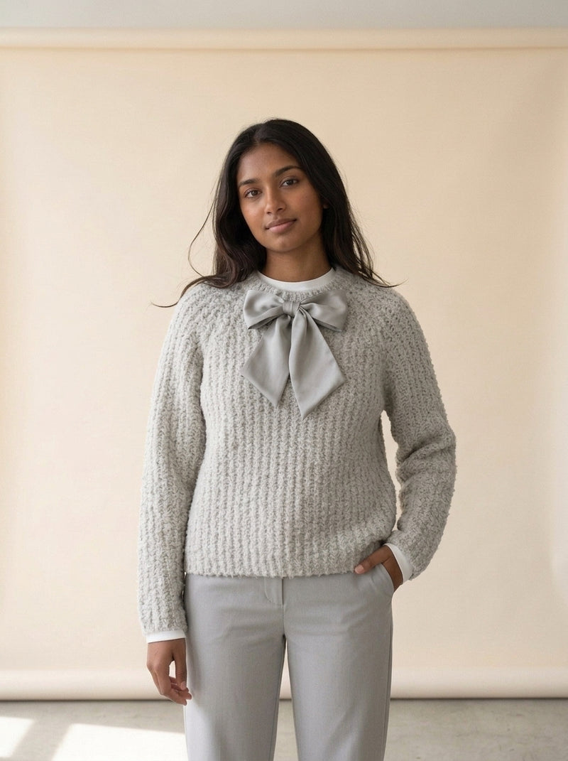 Sweet Bow Open Knit Sweater in GRAY, worn