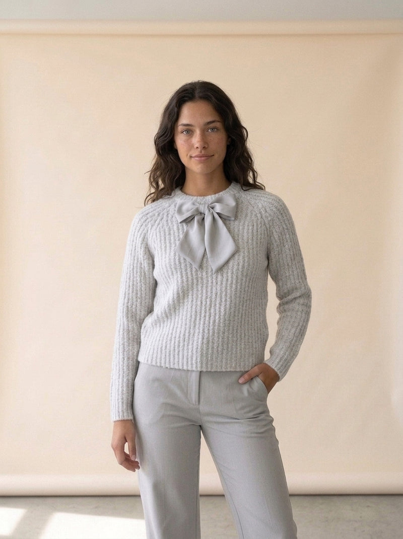 Sweet Bow Open Knit Sweater in GRAY, worn