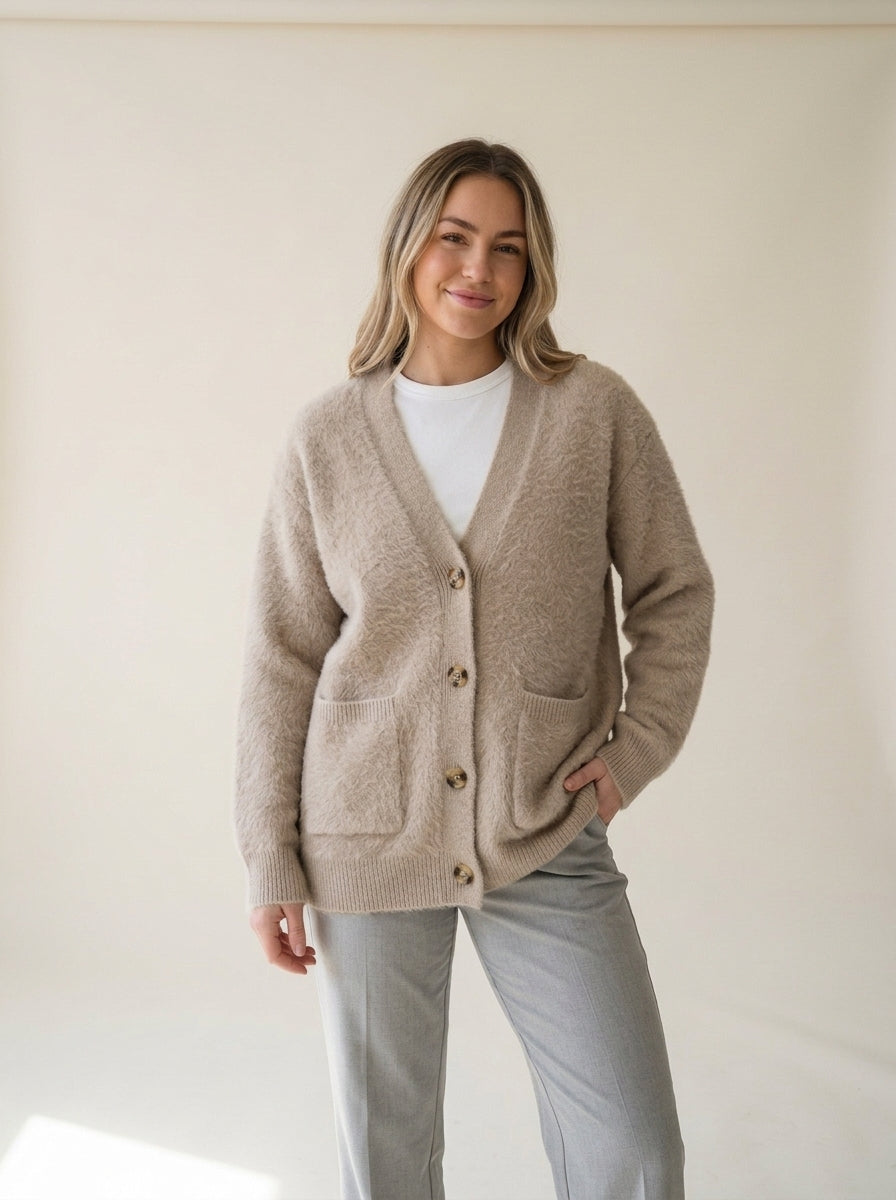 Cozy Loose V-Neck Button Cardigan in Khaki, worn