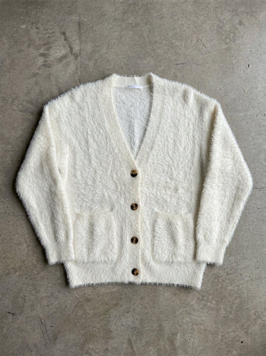 Cozy Loose V-Neck Button Cardigan in White