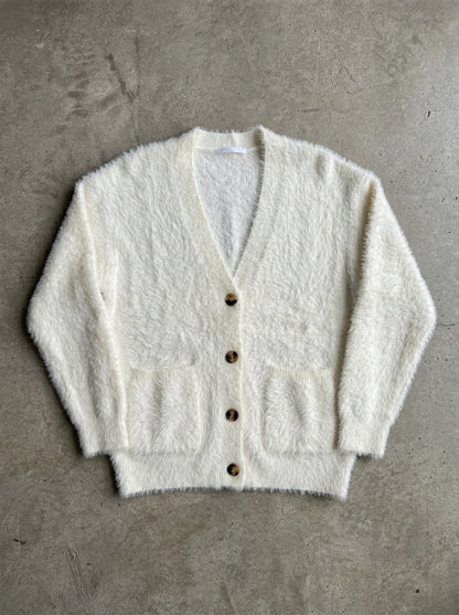 Cozy Loose V-Neck Button Cardigan in White