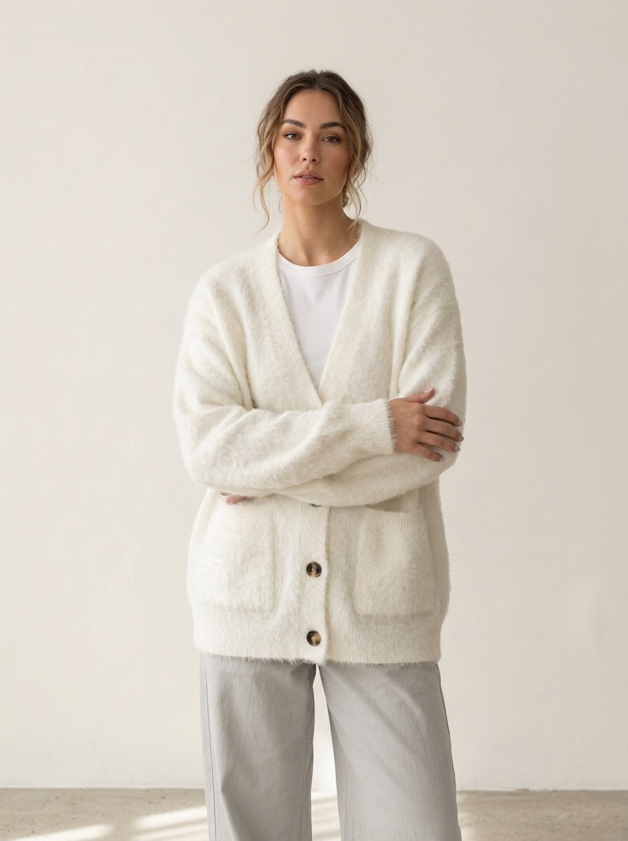 Cozy Loose V-Neck Button Cardigan in White, worn