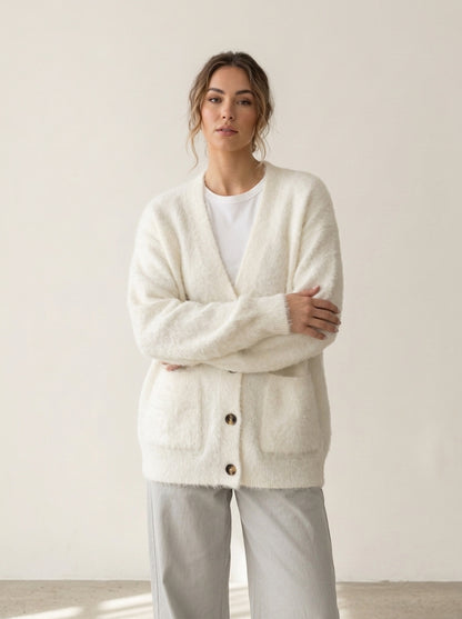 Cozy Loose V-Neck Button Cardigan in White, worn