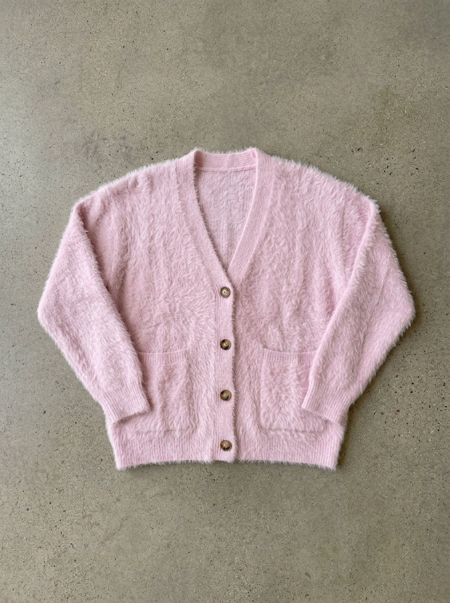 Cozy Loose V-Neck Button Cardigan in Pink