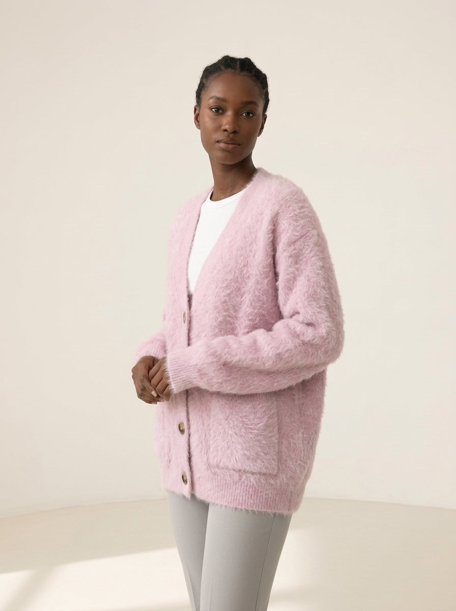 Cozy Loose V-Neck Button Cardigan in Pink, worn