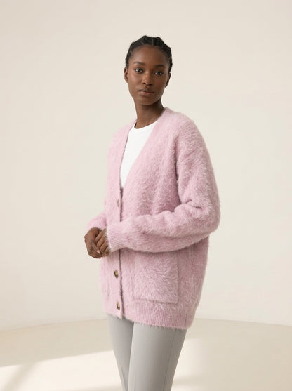 Cozy Loose V-Neck Button Cardigan in Pink, worn